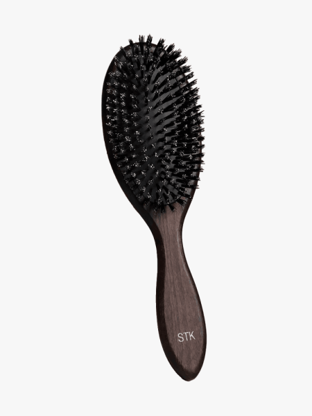 Prose Handcrafted Boar Bristle Brush in brown branded component on a light gray background