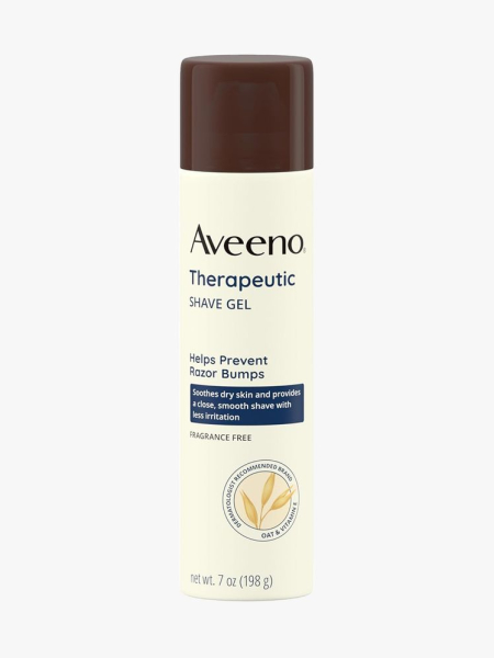 Aveeno Therapeutic Shave Gel in branded component on a light gray background