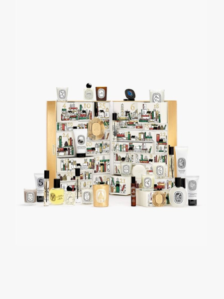 Diptyque 25 Scented Treasures Advent Calendar in multiple branded components on a light gray background