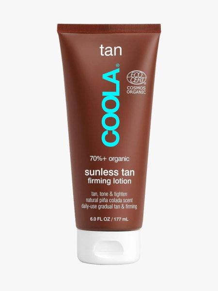 COOLA Organic Sunless Self Tanner Body Firming Lotion in branded tube component on a light gray background