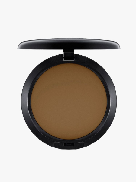 MAC Studio Fix Powder Plus Foundation in deep brown on light grey background