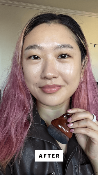 A selfie of Allure commerce editor Sarah Han after using the Danessa Myricks Beauty Yummy Face 2.0 Teardrop Kabuki...