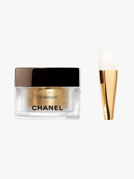 Chanel Sublimage Le Masque in branded tub component with brush on a light gray background